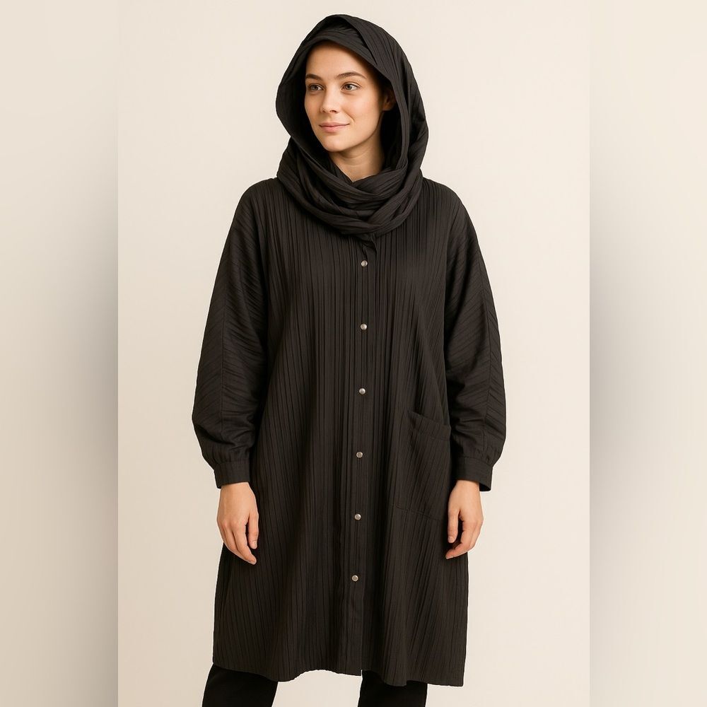 Vintage Pleated Hooded Cape Jacket Black Snap Front One Size - Picture 2 of 14